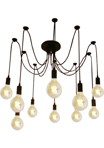 Siyah Kablolu Örümcek 10 Lu Siyah Tavana Monte Sarkıt Avize 10