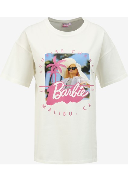 Ekru Kadın Bisiklet Yaka Relaxed Baskılı T-Shirt BRB4SL-TST6057