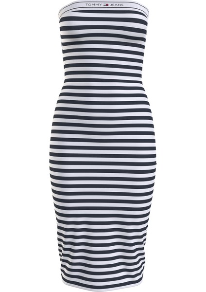 Straplez Yaka Çizgili Mavi Uzun Kadın Elbise Tjw Logo Tape Strıpe Tube Dress