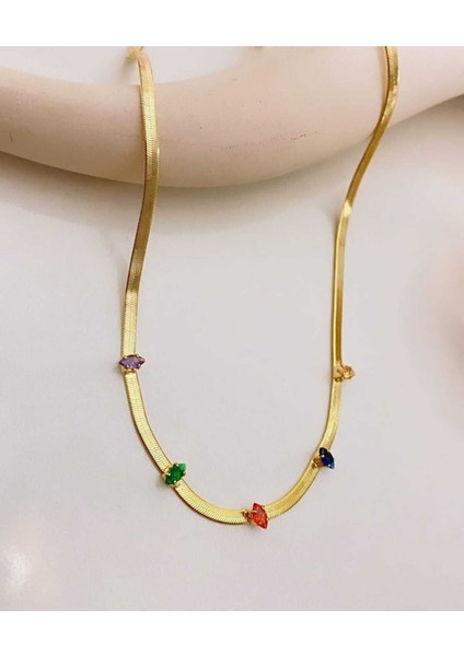 Gold 45CM Italyan Zincir Renkli Baget Taşlı Çelik Kolye