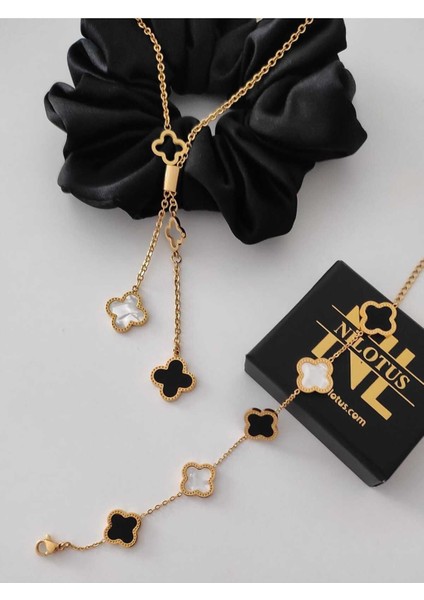 Gold Van Cleef Ikili Set Çelik Kolye ve Bileklik