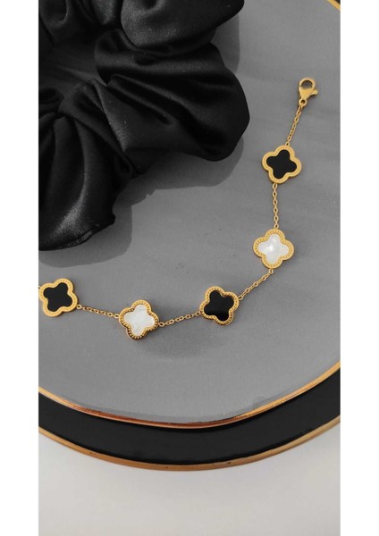 Gold Van Cleef Ikili Set Çelik Kolye ve Bileklik