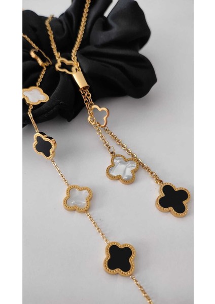 Gold Van Cleef Ikili Set Çelik Kolye ve Bileklik