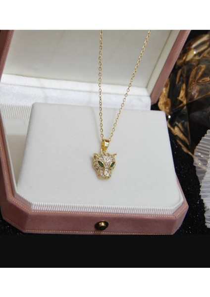 Zirkon Taşlı Gold Kaplan Kolye (Garantili Ürün) 316L Ayar Çelik