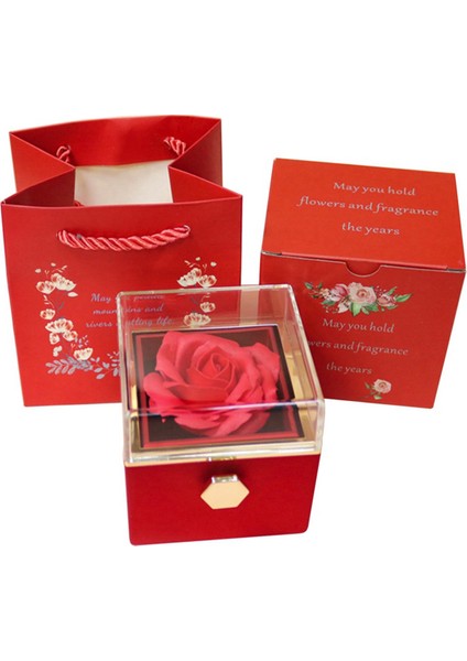 Gül Yüzük Kutusu 360 ° Döner Kadife Takı Ebedi Gül Kutusu, Kırmızı (Yurt Dışından)
