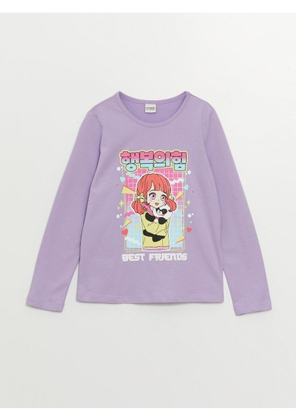 Kids Bisiklet Yaka Baskılı Uzun Kollu Kız Çocuk Tişört