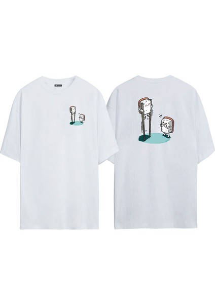 Unisex Marshmallow Diş Fırçası Ön Arka Baskılı Beyaz Oversize T-Shirt