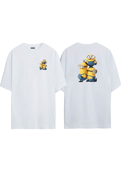 Unisex Minion Bob Minion Kevin Minion Ön Arka Baskılı Beyaz Oversize T-Shirt