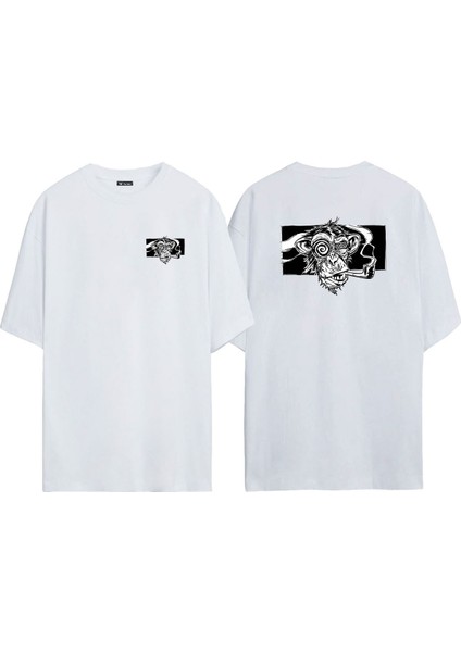 Unisex Pipo Içen Maymun Ön Arka Baskılı Beyaz Oversize T-Shirt