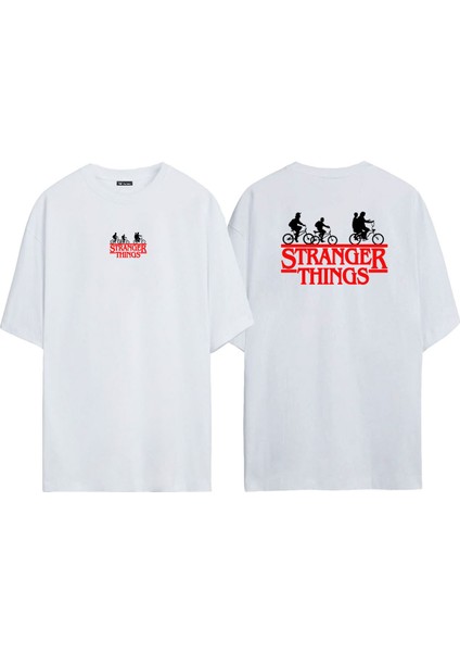 Unisex Stranger Thıngs Ön Arka Baskılı Beyaz Oversize T-Shirt