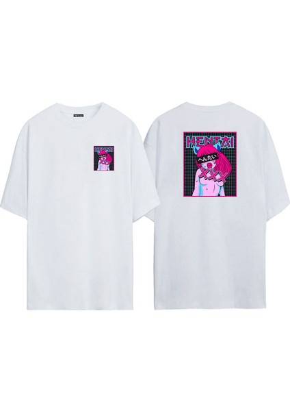 Unisex Hentaı Xxx Ön Arka Baskılı Beyaz Oversize T-Shirt