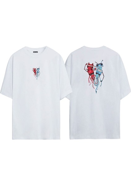 Unisex Art Neckline Telefon Ön Arka Baskılı Beyaz Oversize T-Shirt