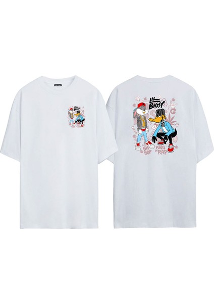 Unisex Bugs Bunny Urban,hip Hop Ön Arka Baskılı Beyaz Oversize T-Shirt