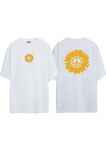 Unisex Barış Işareti ve Papatya Ön Arka Baskılı Beyaz Oversize T-Shirt