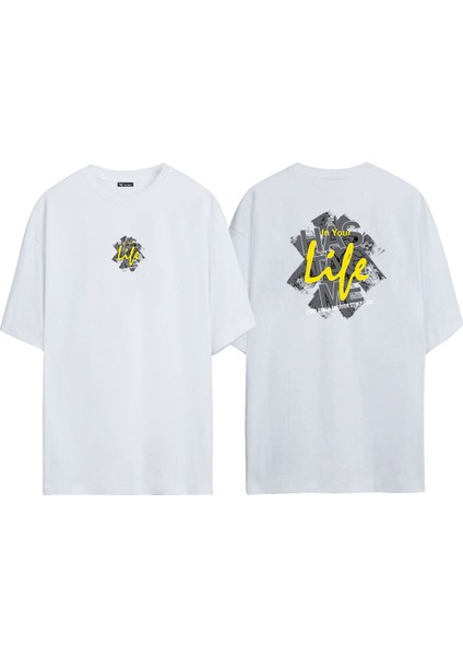 Unisex In Your Life Ön Arka Baskılı Beyaz Oversize T-Shirt