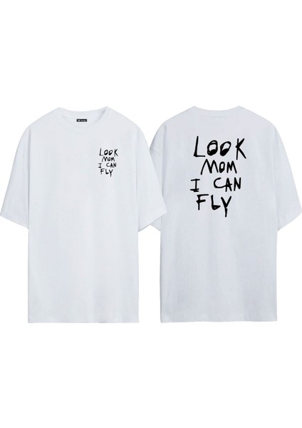 Unisex Look Mom I Can Fly Ön Arka Baskılı Beyaz Oversize T-Shirt