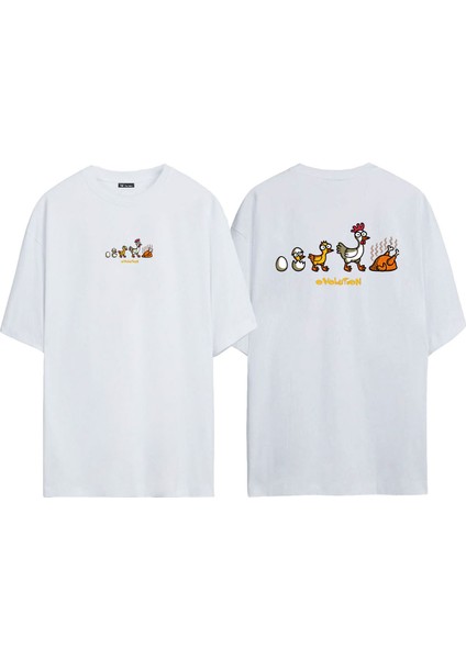 Unisex Egg Stages Ovolution Ön Arka Baskılı Beyaz Oversize T-Shirt