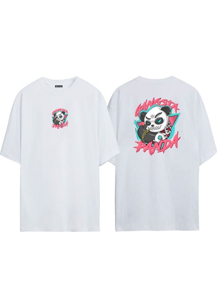 Unisex Gangsta Panda Ön Arka Baskılı Beyaz Oversize T-Shirt