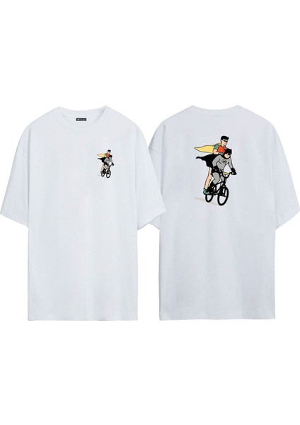 Unisex Batman ve Süperman Ön Arka Baskılı Beyaz Oversize T-Shirt