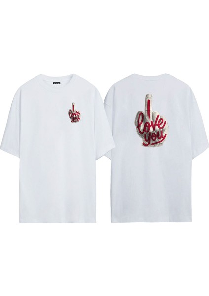 Unisex I Love You Ön Arka Baskılı Beyaz Oversize T-Shirt