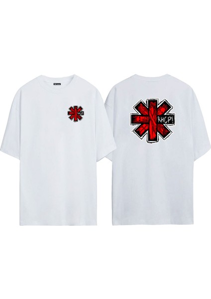 Unisex Red Hot Chili Peppers Ön Arka Baskılı Beyaz Oversize T-Shirt