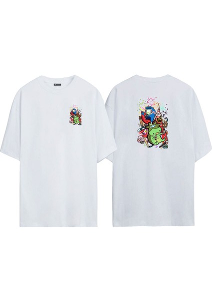 Unisex Domuzcuk Parti Mikrafon Oyun Ön Arka Baskılı Beyaz Oversize T-Shirt