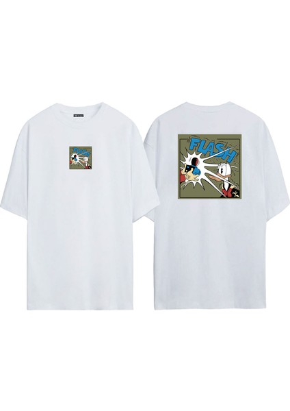 Unisex Flash Ördek Ön Arka Baskılı Beyaz Oversize T-Shirt
