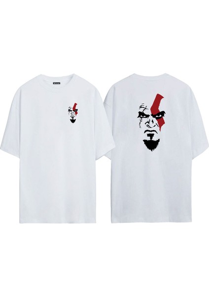 Unisex God Of War Savaş Tanrısı Ön Arka Baskılı Beyaz Oversize T-Shirt