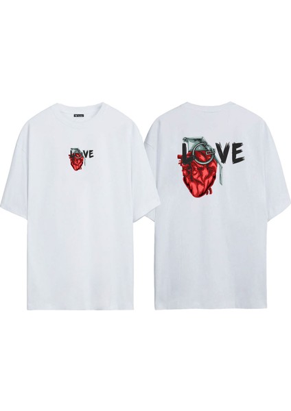 Unisex Love Kalp Ön Arka Baskılı Beyaz Oversize T-Shirt