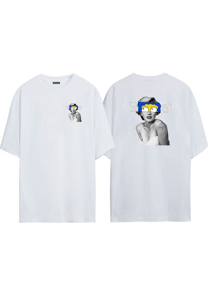 Unisex Marilyn Monroe Simson Ön Arka Baskılı Beyaz Oversize T-Shirt