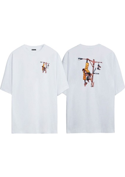 Unisex Kıng Now Here Monkey Ön Arka Baskılı Beyaz Oversize T-Shirt