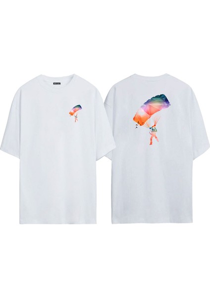 Unisex Paraşüt Kullanan Adam Ön Arka Baskılı Beyaz Oversize T-Shirt