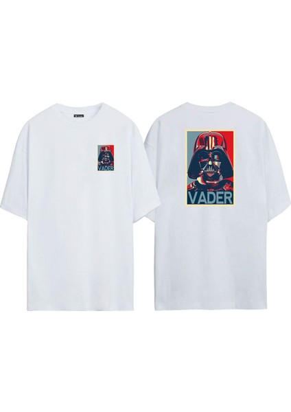 Unisex Star Wars Vader Ön Arka Baskılı Beyaz Oversize T-Shirt