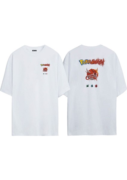 Unisex Pokedemon Ön Arka Baskılı Beyaz Oversize T-Shirt