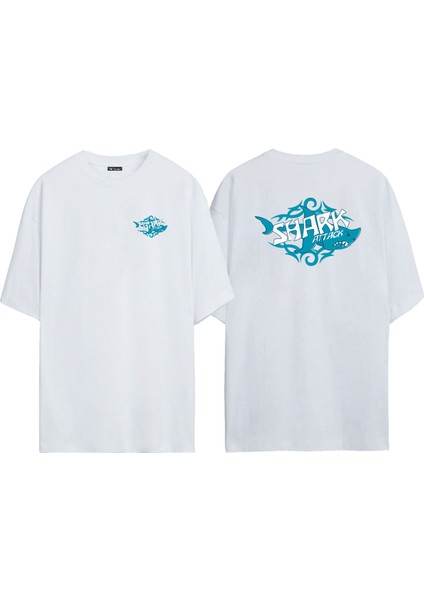 Unisex Shark Attack Köpekbalığı Ön Arka Baskılı Beyaz Oversize T-Shirt