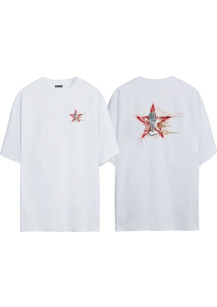 Unisex Mikrofon Suluboya Resim Öklid Ön Arka Baskılı Beyaz Oversize T-Shirt
