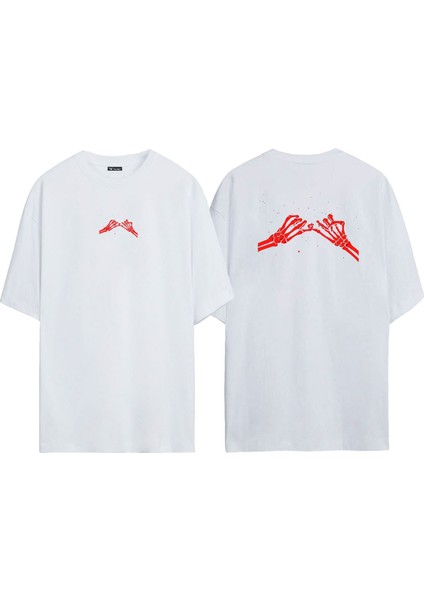 Unisex Skeleton Hand Idda Ön Arka Baskılı Beyaz Oversize T-Shirt
