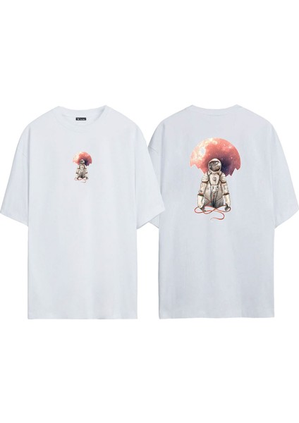 Unisex Astronot Takım Elbise Çizimi ve Ay Ön Arka Baskılı Beyaz Oversize T-Shirt
