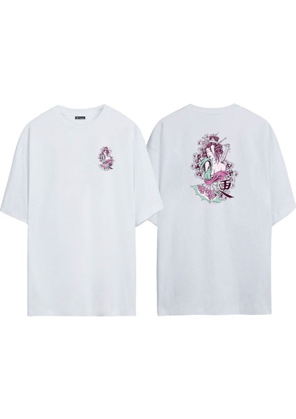 Unisex Japon Geyşa Ön Arka Baskılı Beyaz Oversize T-Shirt