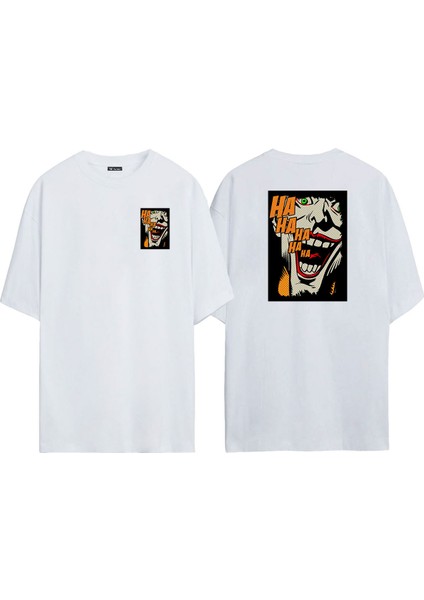 Unisex Joker Ha Ha Ha Ön Arka Baskılı Beyaz Oversize T-Shirt