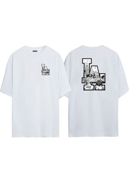 Unisex Los Angeles, La Ön Arka Baskılı Beyaz Oversize T-Shirt