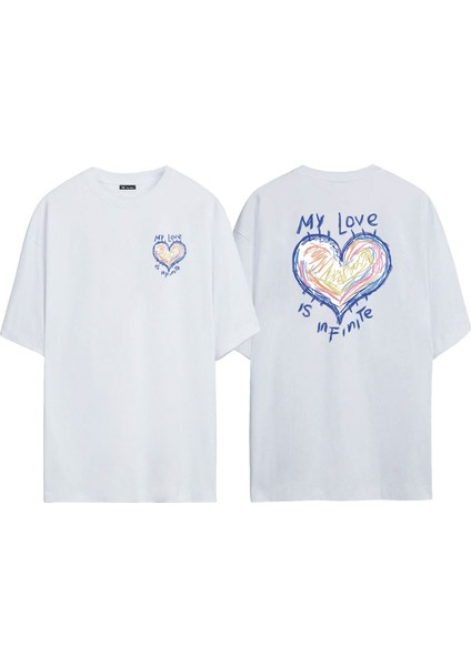 Unisex My Love Is In Fınıte Ön Arka Baskılı Beyaz Oversize T-Shirt