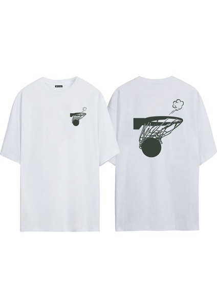 Unisex Basket, Swish Ön Arka Baskılı Beyaz Oversize T-Shirt