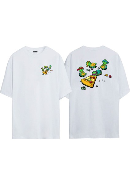 Unisex Ninja Kaplumbağalar ve Pizza Ön Arka Baskılı Beyaz Oversize T-Shirt