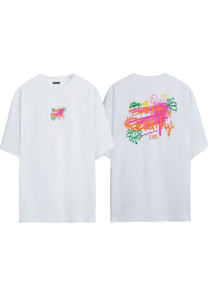 Unisex Lost In Reality, Love, End Ön Arka Baskılı Beyaz Oversize T-Shirt