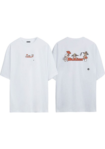 Unisex Bunter Melekler Ön Arka Baskılı Beyaz Oversize T-Shirt