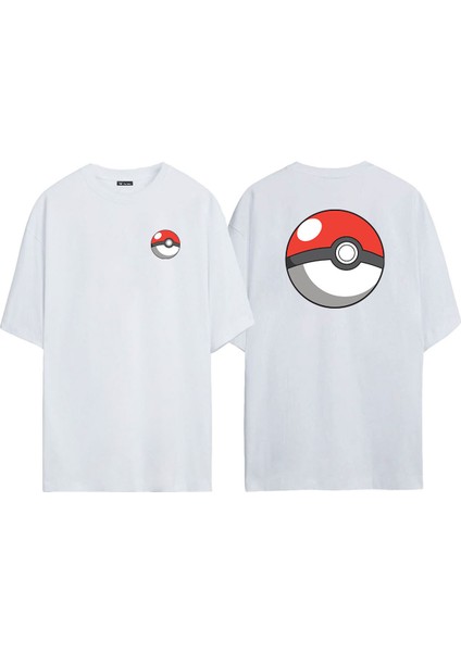 Unisex Pokemon Topu Ön Arka Baskılı Beyaz Oversize T-Shirt