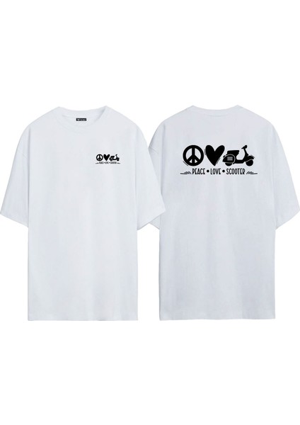 Unisex Peace Love Scooter Ön Arka Baskılı Beyaz Oversize T-Shirt