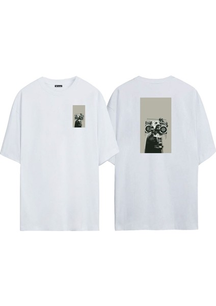 Unisex Star Wars Radyo Ön Arka Baskılı Beyaz Oversize T-Shirt