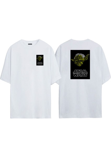 Unisex Star Wars Yoda Jodi Master Ön Arka Baskılı Beyaz Oversize T-Shirt